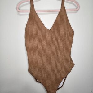 Brown Ribbed One Piece Swimsuit Large